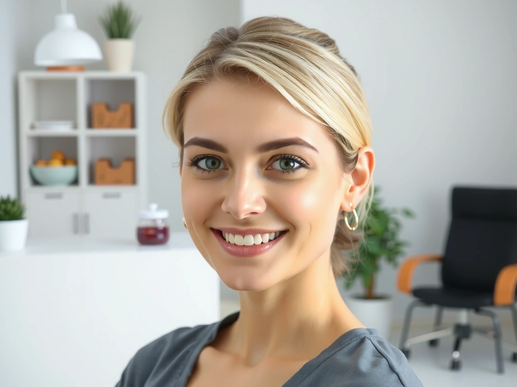 Professional, friendly portrait of a female nutritionist smiling, in a clean, modern office setting with soft lighting.