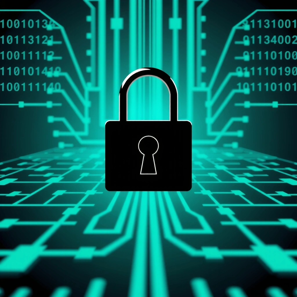 Digital lock icon with binary code background, symbolizing data encryption