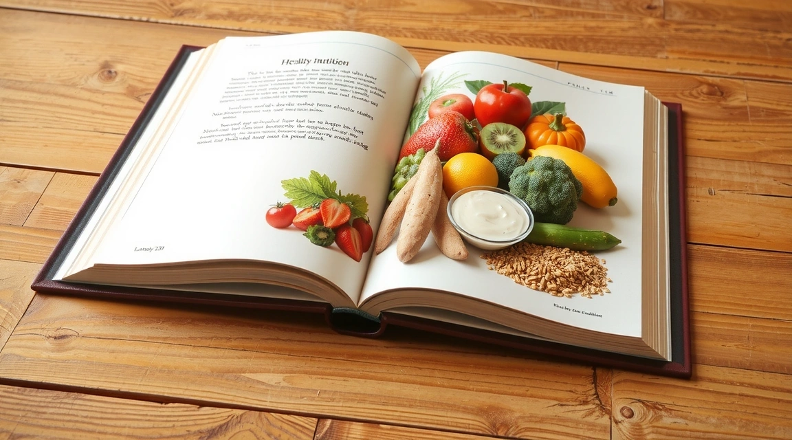 Open book with healthy food illustrations, representing knowledge and nutrition.